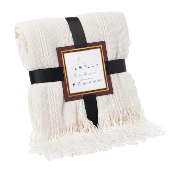 DEERLUX Cream Decorative Zigzag Stripe Pattern Knit Throw Blanket with Fringe
