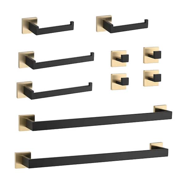 Interbath 10-Piece Bath Hardware Set with Towel Bar Toilet Paper Holder Towel Hook in Stainless Steel Black+Brushed Gold