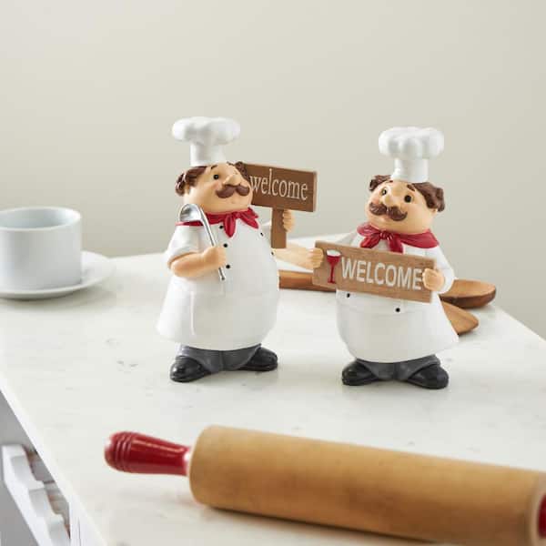 Litton Lane White 5 in. x 8 in. Polystone Kitchen Figurine Chef Sculpture with Welcome Signs (Set of 2)