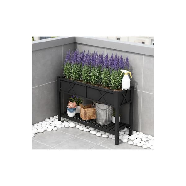 Black 2-Tier Fir Wood Rectangular Raised Garden Bed with Storage