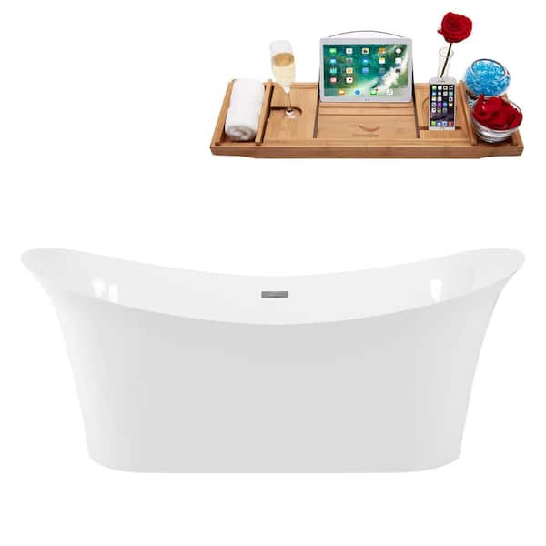 Streamline 66.9 in. Solid Surface Stone Resin Flatbottom Non-Whirlpool Bathtub in White