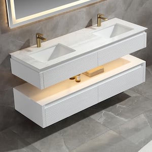 60 in. W X 20.7 in. D X 19.6 in. H Double Floating Sink Solid Wood Bath Vanity in White with White Marble Top and Lights