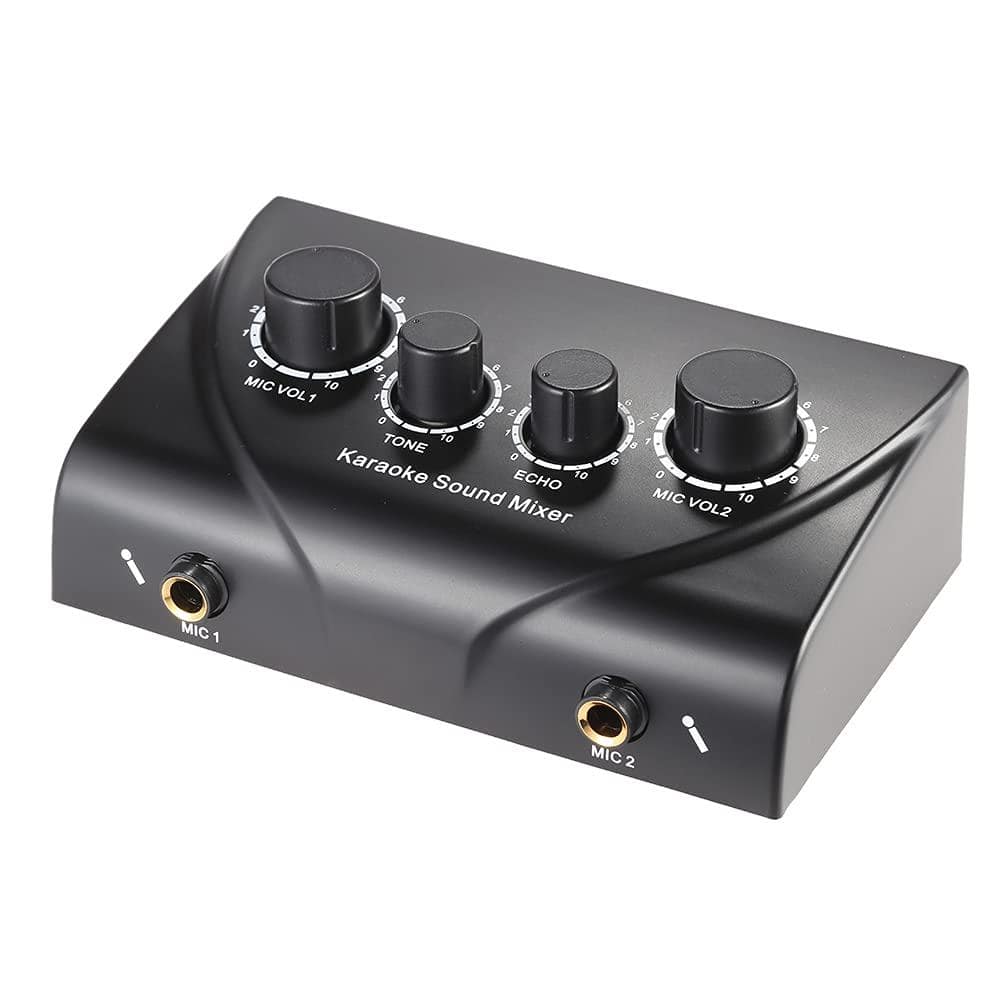 2 channel karaoke audio mixer with dual microphone inputs and headphone amplifier in black 2 pack