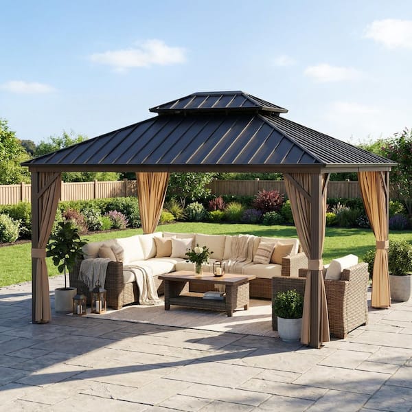 12 ft. x 14 ft. Aluminum Outdoor Gazebo with Double Galvanized Steel Roof, Ceiling Hook, Mosquito Netting and Curtains