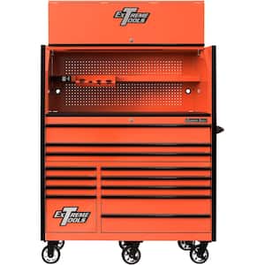 RX Professional 55 in. 12-Drawer Roller Cabinet and Top Hutch Combo 150 lbs. Slides, Orange with Black Drawer Pulls