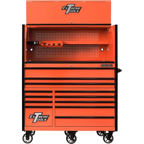 Extreme Tools RX Professional 55 in. 12-Drawer Roller Cabinet and Top Hutch Combo 150 lbs. Slides, Orange with Black Drawer Pulls