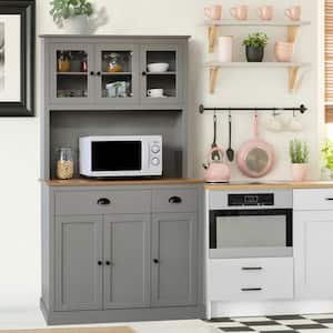 Gray Kitchen Pantry Cabinet Storage with Adjustable Shelves, Buffet Cupboard and Microwave Stand