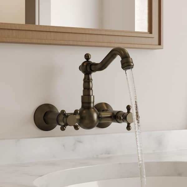 2-Handle Wall Mounted Faucet Bathroom Faucet in Brushed Antique Brass Drain Not Included