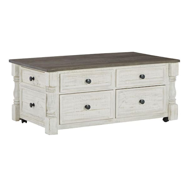 Benjara 46 in. White and Brown Rectangle Wood Coffee Table with 4-Drawers