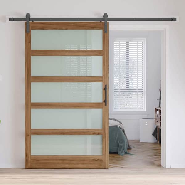 48 in. x 96 in. 5-Lite Tempered Frosted Glass Brown Finished Solid Core MDF Wood Sliding Barn Door with Hardware Kit