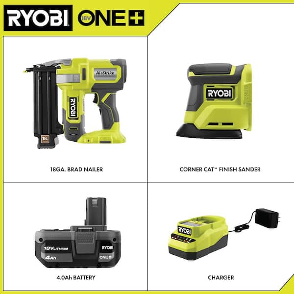 RYOBI ONE+ 18V 18-Gauge Cordless AirStrike Brad Nailer with Cordless Corner Cat Finish Sander