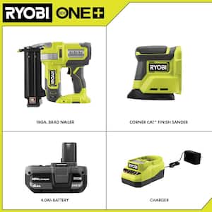 ONE+ 18V 18-Gauge Cordless AirStrike Brad Nailer with Cordless Corner Cat Finish Sander, 4.0 Ah Battery, Charger