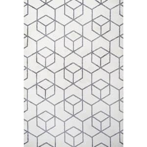 Tumbling Blocks Modern Geometric White/Gray 8 ft. x 10 ft. Area Rug