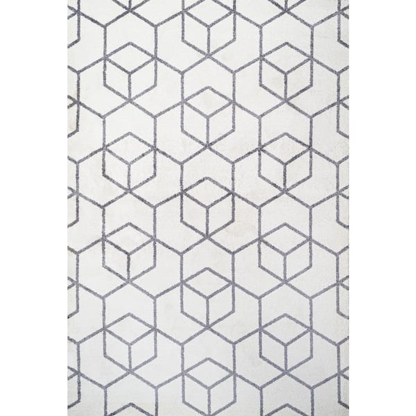 Tumbling Blocks Modern Geometric White/Gray 3 ft. x 5 ft. Area Rug