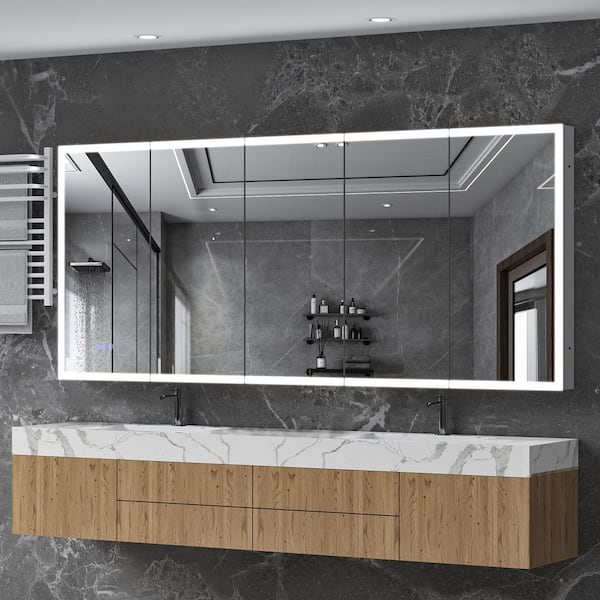 84 in. W x 36 in. H Rectangular Silver Aluminum Recessed/Surface Mount Medicine Cabinet with Mirror LED