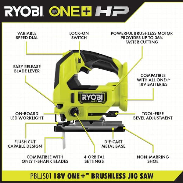 RYOBI PBLJS01B-A14AK101 ONE+ HP 18V Brushless Cordless Jig Saw (Tool Only) with All Purpose Jig Saw Blade Set (10-Piece) - 3