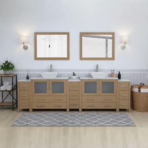 Ravenna 108 in. Double Sink Freestanding Natural Oak Bathroom Vanity with White Engineered Marble Top and Mirror