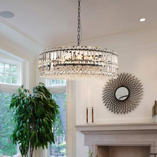 Orillia Modern 8-Light Black Round Glass Crystal Chandelier for Kitchen Island Dinning Table Living Room-Style B