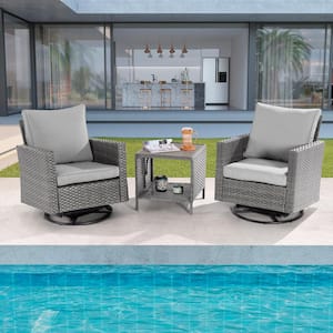 3-Piece Gray Wicker Outdoor Swivel Rocking Chairs Patio Bistro Set with Side Table Linen Grey Cushion