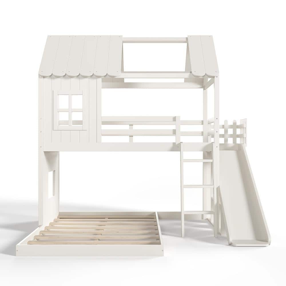 Beige Twin over Full House Bunk Bed with Ladders, Slide, Storage Shelves and Wardrobe durable construction price history on PriceWatchPro