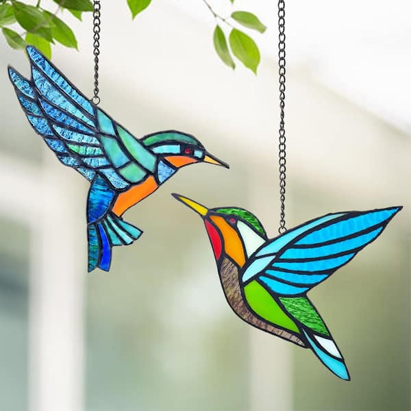 2-Pack Multi-Colored Hummingbird Stained Glass Window Hangings Hummingbird Stained Glass Window Hangings