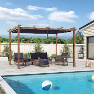 10 ft. x 13 ft. Natural Wood Grain Aluminum Pergola with Navy Blue Retractable Sun Shade Canopy and Extra Top Roof