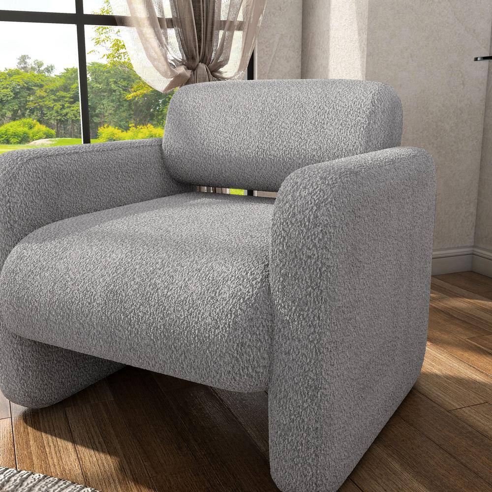 Gray Boucle Barrel Accent Chair with Wood Frame