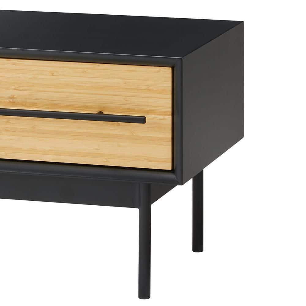 Black and Natural Bamboo 1-Drawer Nightstand with Metal Handle
