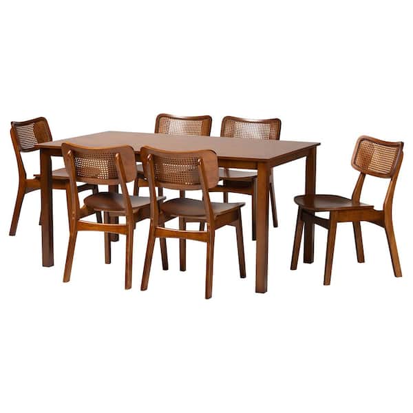 Estera 7-Piece Walnut Brown Wood Top Dining Set