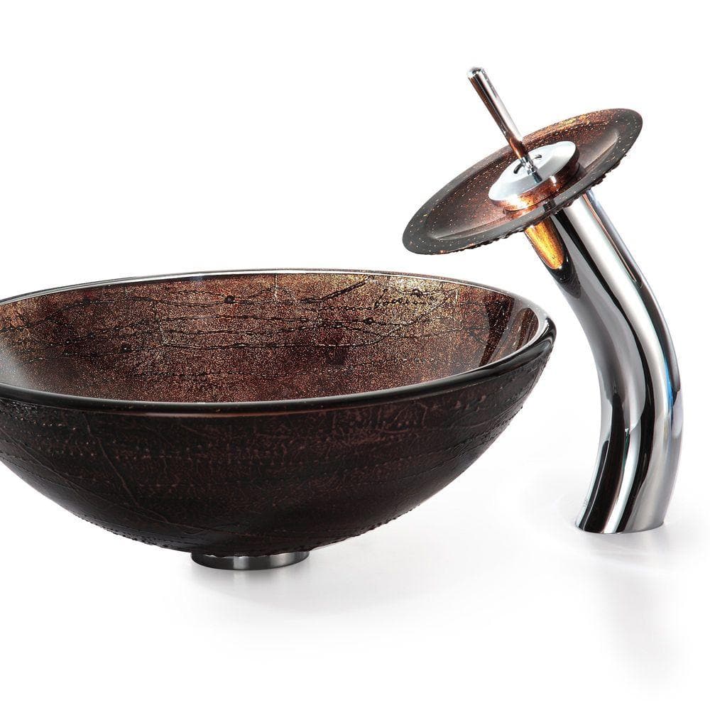 Copper Brown Glass Vessel Sink with Chrome Waterfall Faucet