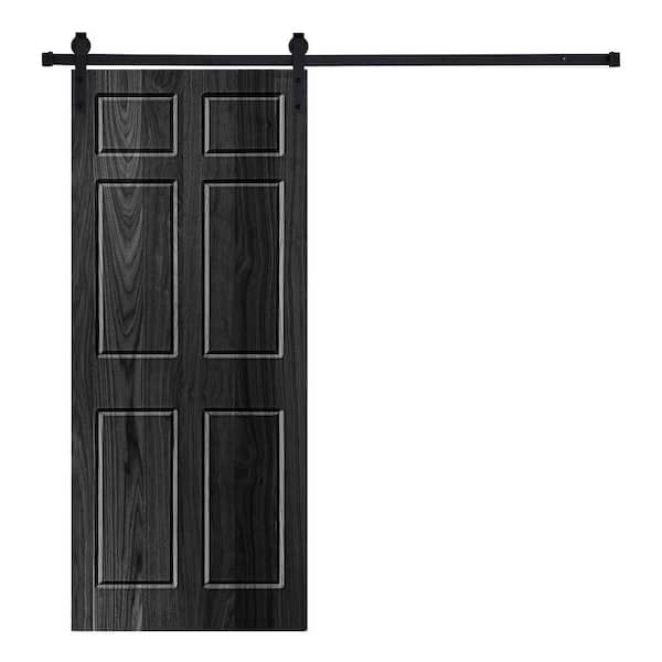 AIOPOP HOME 6-Panel Designed 80 in. x 32 in. Wood Panel Ebony Painted Sliding Barn Door with Hardware Kit