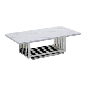 Magda 55 in. White Rectangle Marble Top Coffee Table with Stainless Steel Base