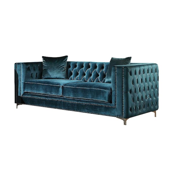 Acme Furniture Gillian 37 in. Dark Teal Velvet Velvet 2-Seats Loveseats with 2 Pillows