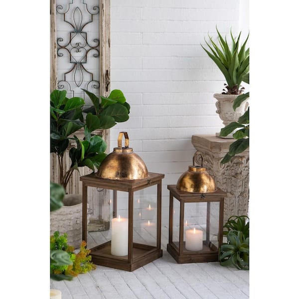 13.8 in. x 13 in. Brown/Gold Fir Wood Lantern (2-Pack)