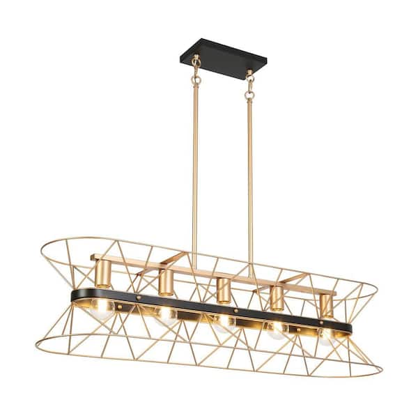 Modern Industrial 39.4 in. W 5-Lights Black Island Lamp, Chandelier Lighting with Gold Caged Metal Shade Dinging Room