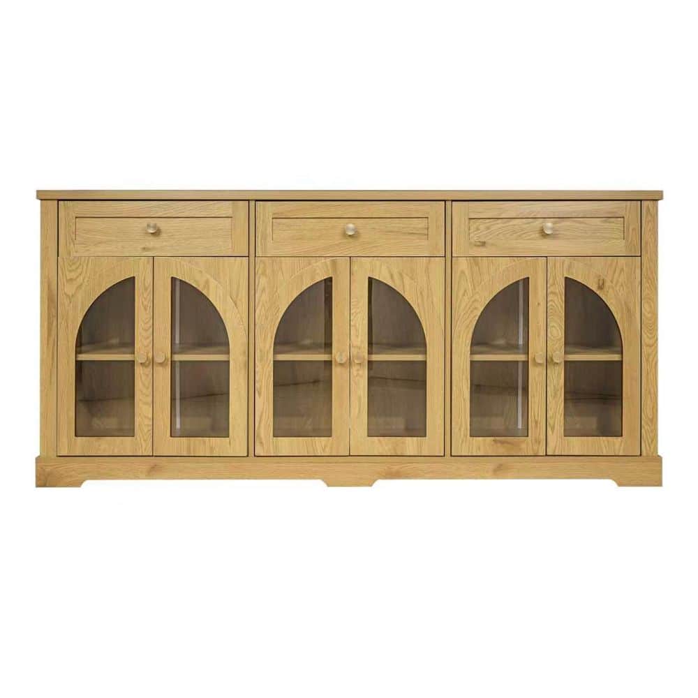 Modern 67.7 in. Natural MDF Wood Buffet Sideboard Cabinet with 6 Arched Glass Doors, 3 Drawers and 3 Adjustable Shelves