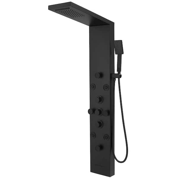 8-Jet Rainfall Shower Tower Shower Panel System with Rainfall Waterfall Shower Head and Shower Wand in Black
