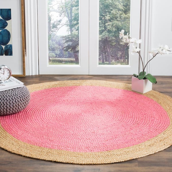 Natural Fiber Pink/Natural 7 ft. x 7 ft. Round Border Area Rug