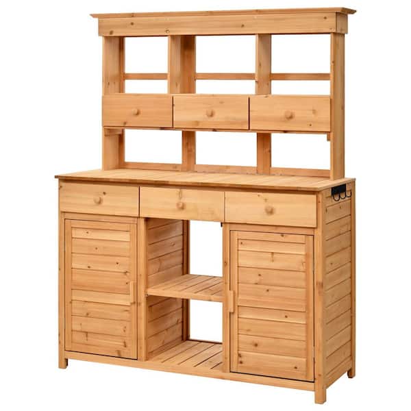Sudzendf 50 in. W x 65.7 in. H Natural Garden Potting Bench Table Storage Workstation with 3 Shelves,6 Drawers,2 Bottom Cabinets