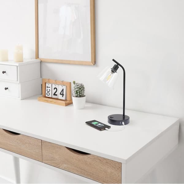 15.75 in Black Rechargeable Integrated LED No Design Task & Reading Table Lamp for Living Room with Clear Glass