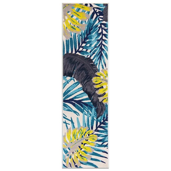 Contemporary Tropical Blue 2 ft. x 7 ft. Floral Leaves Non Slip Runner Rug