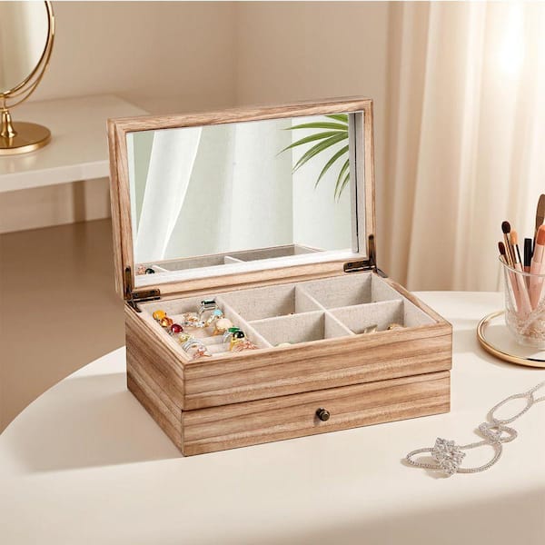 Carbonized Brown 2 Layer Rectangular Rustic Wooden Jewelry Box