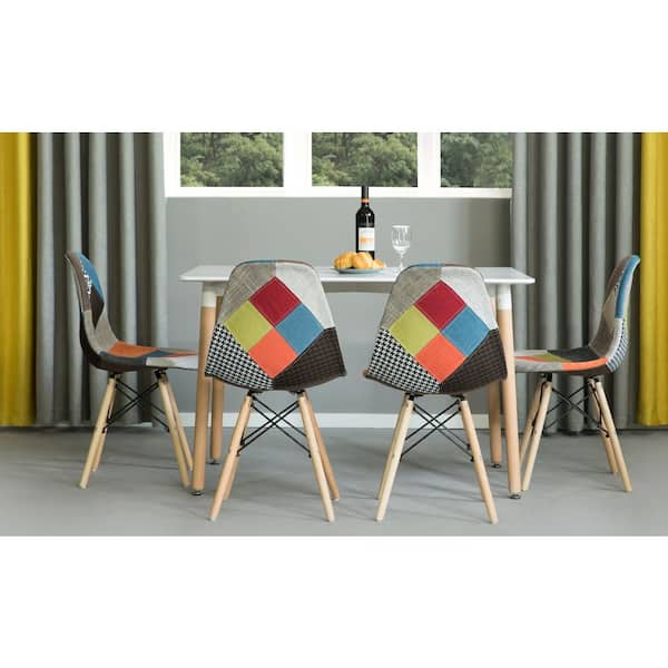Modern Upholstered Plastic Multicolor Fabric Patchwork DSW Shell Dining Chair with Wooden Dowel Eiffel Legs (Set of 4)