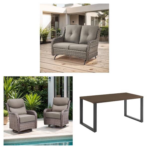 2-Person Wicker Glider Couch, Crescent Moon Rocking Chairs (2-Pack) and 52 in. Metal Dining Table Combo