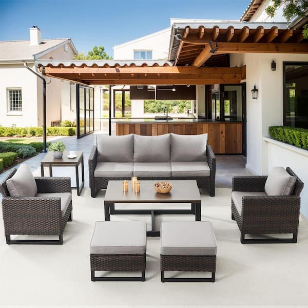 Gymojoy Valenta Brown 7-Piece Wicker Patio Conversation Seating Set with Gray Cushions