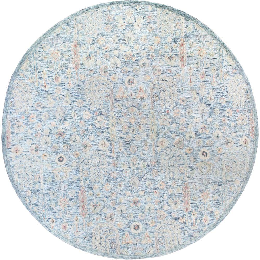Valerie Blue/Ivory 8 ft. 6 in. Round Abstract Floral Wool Indoor Area Rug