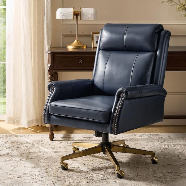 Palmira Transitional Genuine Leather Office Chair in Navy with Rolled Arms