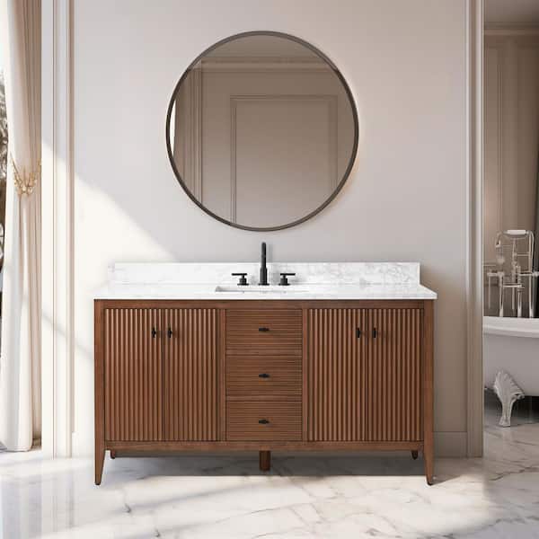 Vanity Art 60 in. W x 22 in D x 38 in. H Single Sink Bathroom Vanity Cabinet in Linear Walnut with White Engineered Marble Top