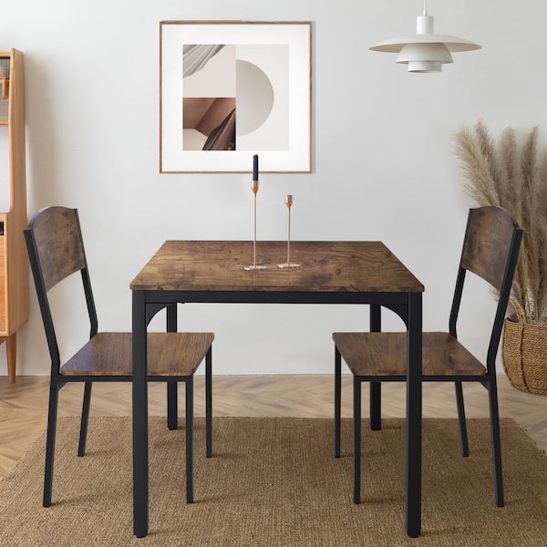 VEIKOUS 3-Piece Metal and Wooden Dining Table Set with 2 Side Chairs
