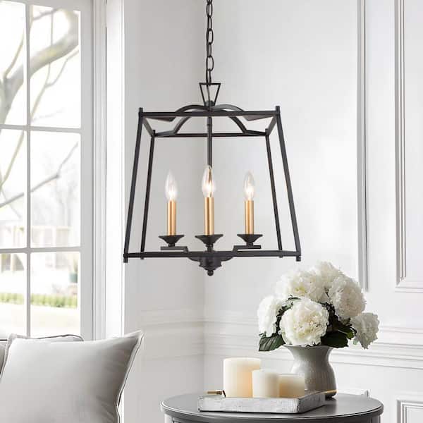 Farmhouse 3-Light Lantern Black Chandelier with Gold Candle